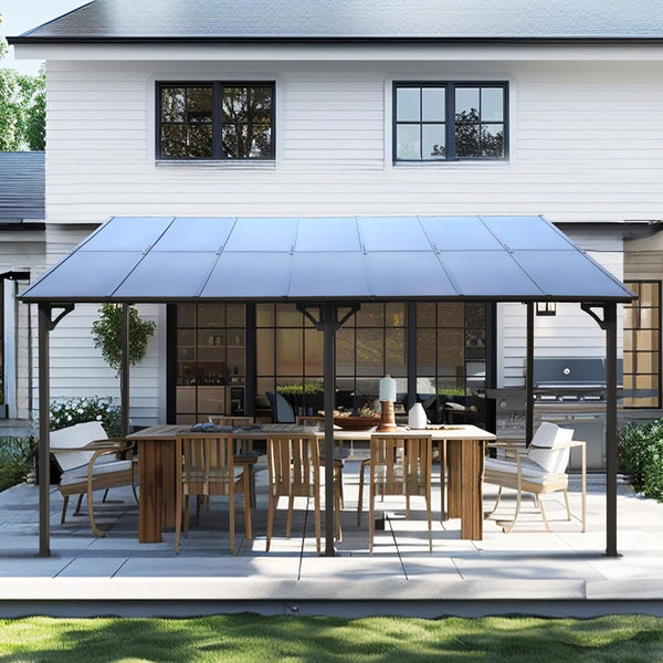 10×14 FT Outdoor Metal Flexible Top Lean to Gazebo Pergola with Sloped Roof, Heavy Duty Wall-Mounted Patio Awnings with Powder-Coated Steel Frame, for Lawn, Garden, Backyard and Deck, Grey