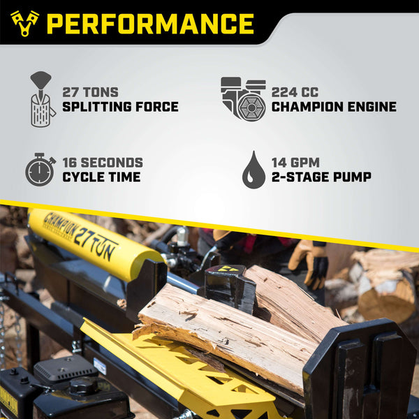 Champion 201312 27-Ton Log Splitter Horizontal/Vertical Full Beam Gas with Auto Return New