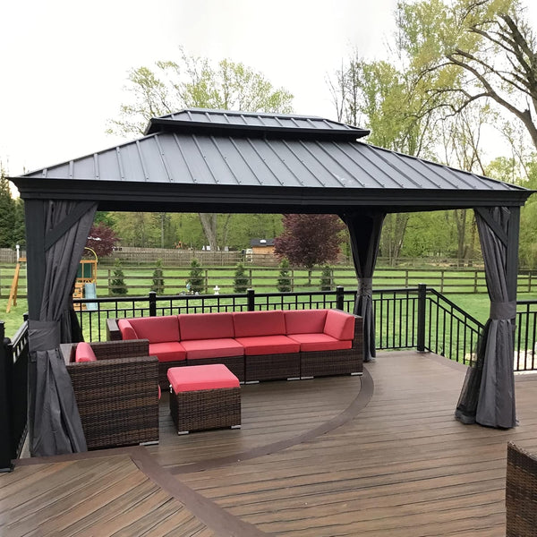 Gazebo 10′ X 14′ Built-in Drainage System, Gray | 4.7″ Thick Post, Built in Drainage, Windproof Cool Breeze, Snowproof & Rustproof, 260 GSM Textilene Netting, Fit Any Yard
