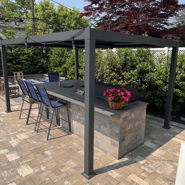 Louvered Pergola 10′ x 14′ Aluminum Pergola w/Independent Roof | 70 mph for stability, Reinforced beams add strength, Hidden drainage keeps dry, Independent louvers customize shade