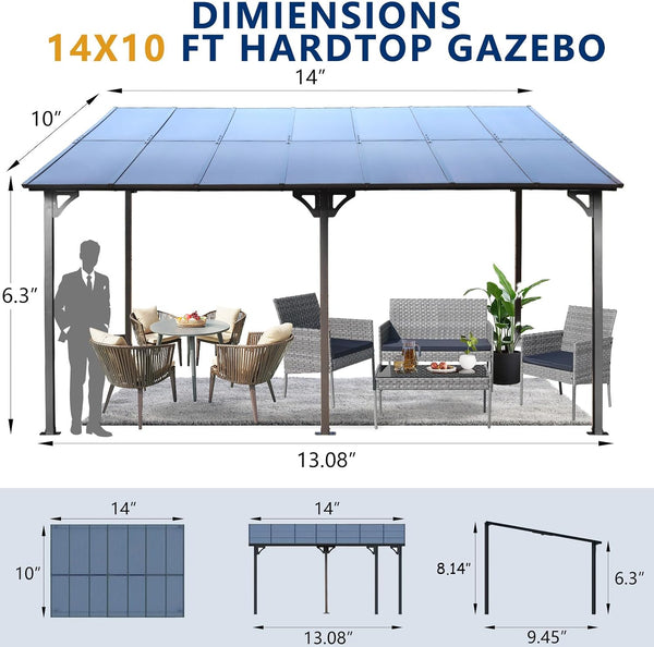 10×14 FT Outdoor Metal Flexible Top Lean to Gazebo Pergola with Sloped Roof, Heavy Duty Wall-Mounted Patio Awnings with Powder-Coated Steel Frame, for Lawn, Garden, Backyard and Deck, Grey