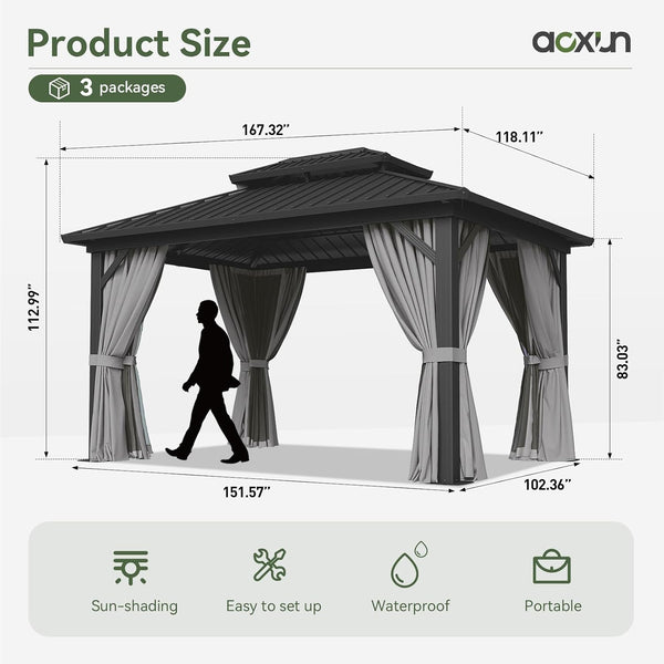 Gazebo 10×14 Hardtop Gazebo with Double Galvanized Steel Roof, Gray | Metal Frame Outdoor Pavilion with Breathable Netting and Privacy Curtain for Backyard
