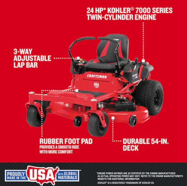 CRAFTSMAN Z5800 | 54in 24HP Zero-Turn Riding Mower | 24 HP Kohler Engine | High-Back Seat (17RRFACW093)