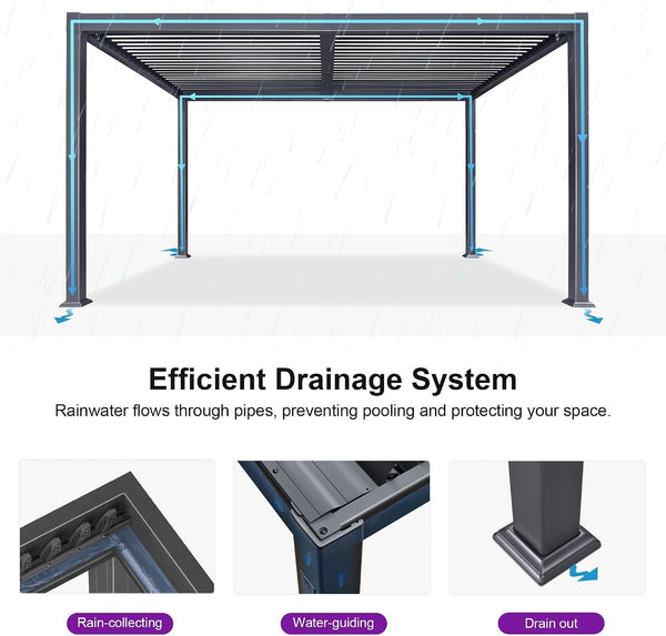 Louvered Pergola 10′ x 14′ Aluminum Pergola w/Independent Roof | 70 mph for stability, Reinforced beams add strength, Hidden drainage keeps dry, Independent louvers customize shade