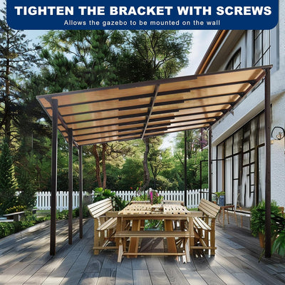 10×14 FT Outdoor Metal Flexible Top Lean to Gazebo Pergola with Sloped Roof, Heavy Duty Wall-Mounted Patio Awnings with Powder-Coated Steel Frame, for Lawn, Garden, Backyard and Deck, Grey