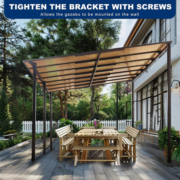 10×14 FT Outdoor Metal Flexible Top Lean to Gazebo Pergola with Sloped Roof, Heavy Duty Wall-Mounted Patio Awnings with Powder-Coated Steel Frame, for Lawn, Garden, Backyard and Deck, Grey