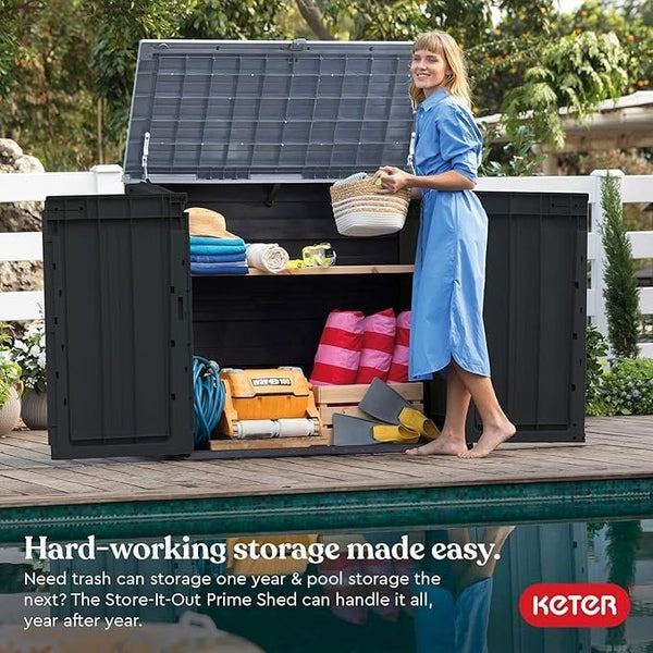 Keter Store-It-Out Prime 4.3 x 3.7 ft. Outdoor Resin Storage Shed with Easy Lift Hinges, Perfect for Yard Tools, Pool Floats and Garden Accessories, Black