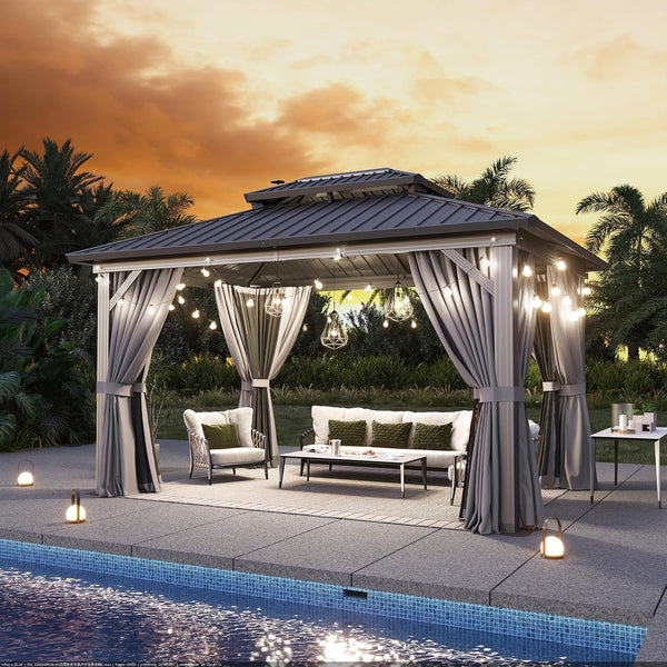 Gazebo 10×14 Hardtop Gazebo with Double Galvanized Steel Roof, Gray | Metal Frame Outdoor Pavilion with Breathable Netting and Privacy Curtain for Backyard