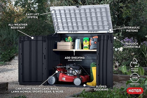 Keter Store-It-Out Prime 4.3 x 3.7 ft. Outdoor Resin Storage Shed with Easy Lift Hinges, Perfect for Yard Tools, Pool Floats and Garden Accessories, Black