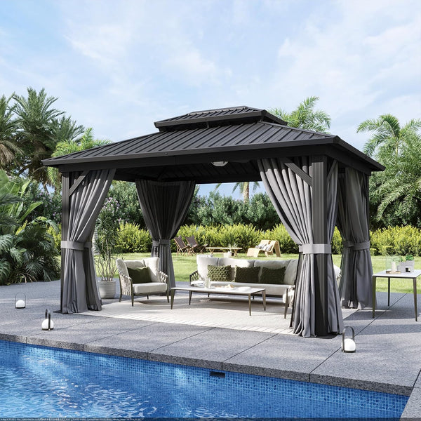 Gazebo 10×14 Hardtop Gazebo with Double Galvanized Steel Roof, Gray | Metal Frame Outdoor Pavilion with Breathable Netting and Privacy Curtain for Backyard