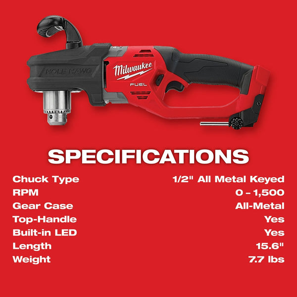 Milwaukee 2807-20 M18 FUEL 18V 12" HOLE HAWG Right Angle Drill -Bare Tool