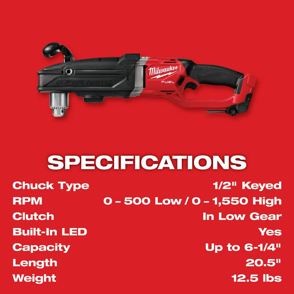Milwaukee 2809-20 M18 FUEL 18V 1/2 Inch Super Hawg Right Angle Drill - Bare Tool