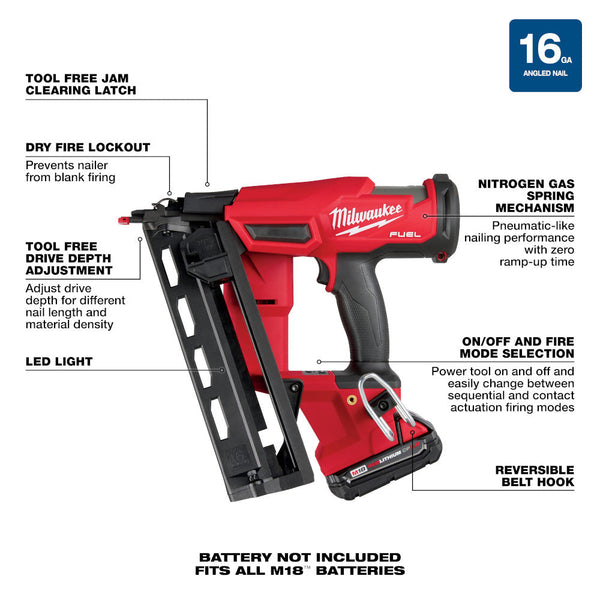 Milwaukee 2841-21CT M18 FUEL 18V 16 Guage Cordless Angled Finish Nailer Kit