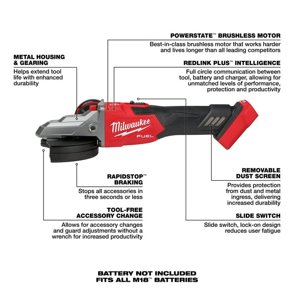 Milwaukee 2887-20 M18 FUEL 18V 5" Flathead Braking Grinder - Bare Tool