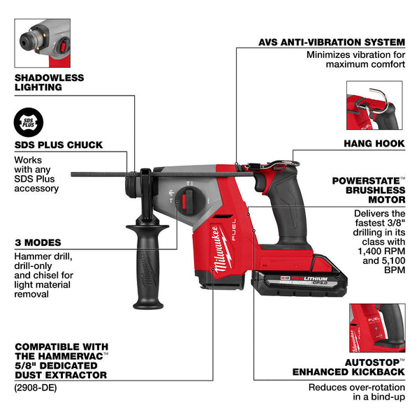 Milwaukee 2908-22DE M18 FUEL 5/8" SDS Plus Rotary Hammer w/ Dust Extractor Kit