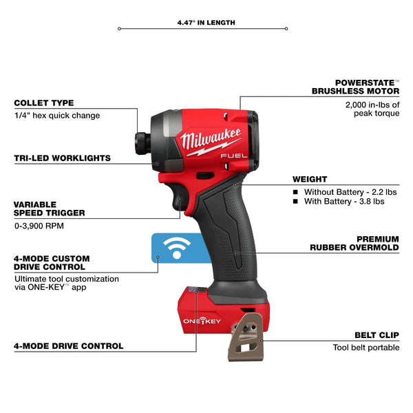Milwaukee 2957-20 M18 FUEL 18V 1/4" Hex Impact Driver w/ ONE-KEY - Bare Tool