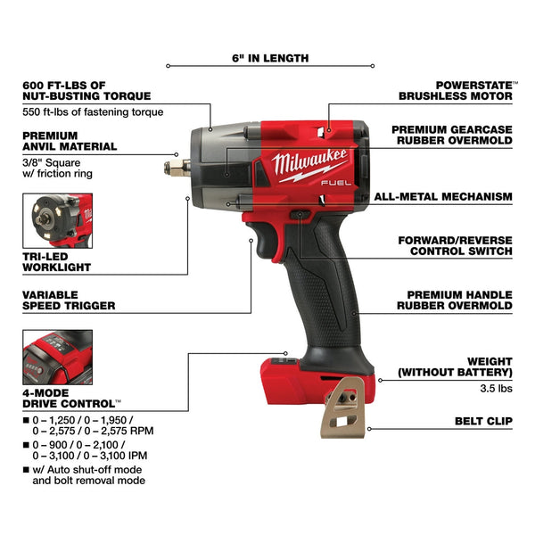 Milwaukee 2960-20GR M18 FUEL 18V 3/8" Li-Ion Impact Wrench w/ 4-1/2"-6" Grinder