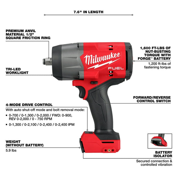 Milwaukee 2967-20 M18 FUEL 18V 1/2" High Torque Impact Wrench - Bare Tool