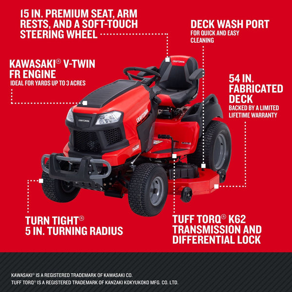 CRAFTSMAN T4400 | Riding Lawn Mower | 54-in Fabricated Deck | 24-HP Kawasaki V-Twin FR Engine | TURNTIGHT 5 in. Turning Radius