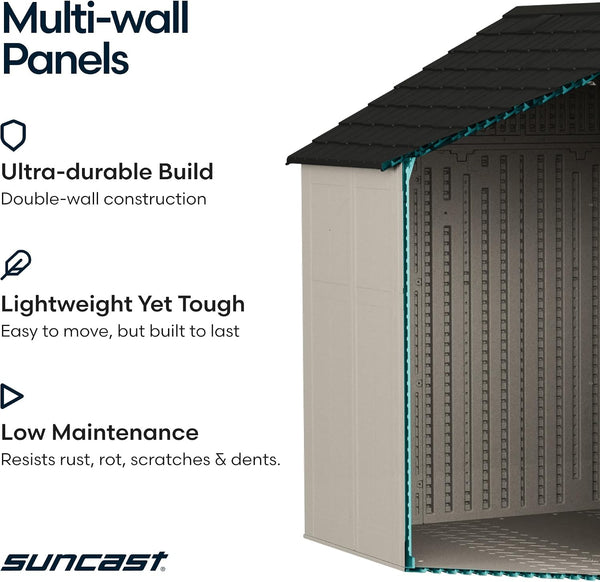 Suncast 8×10 Ft. Outdoor Storage Shed – Large Resin Outdoor Shed with Floor Included, Lockable Double Doors & Skylights. 547 Cu Ft Tremont Garden Resin Sheds for Lawn Tools, Riding Mowers, & Bikes