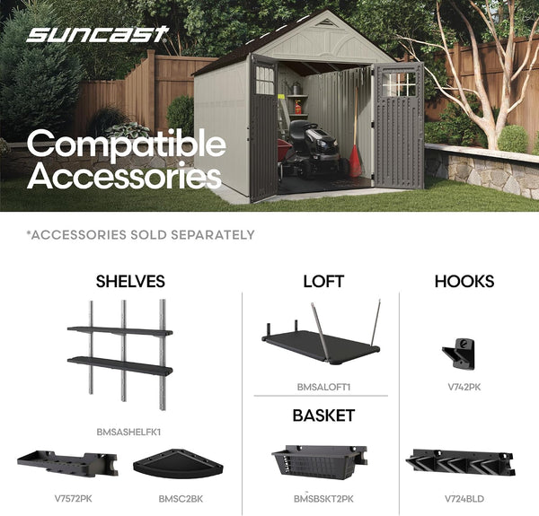 Suncast 8×10 Ft. Outdoor Storage Shed – Large Resin Outdoor Shed with Floor Included, Lockable Double Doors & Skylights. 547 Cu Ft Tremont Garden Resin Sheds for Lawn Tools, Riding Mowers, & Bikes