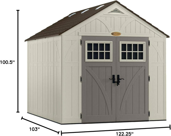 Suncast 8×10 Ft. Outdoor Storage Shed – Large Resin Outdoor Shed with Floor Included, Lockable Double Doors & Skylights. 547 Cu Ft Tremont Garden Resin Sheds for Lawn Tools, Riding Mowers, & Bikes