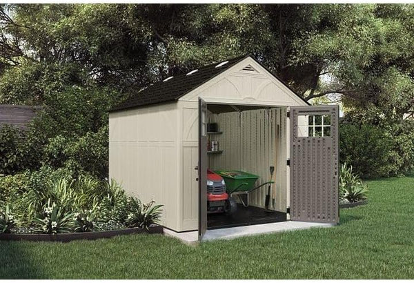 Suncast 8×10 Ft. Outdoor Storage Shed – Large Resin Outdoor Shed with Floor Included, Lockable Double Doors & Skylights. 547 Cu Ft Tremont Garden Resin Sheds for Lawn Tools, Riding Mowers, & Bikes