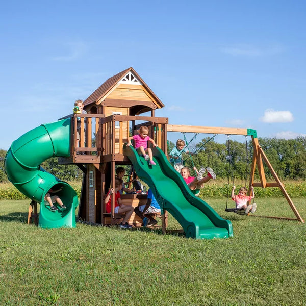 Backyard Discovery Cedar Cove Wooden Swing Set with Dual Slides & Playhouse