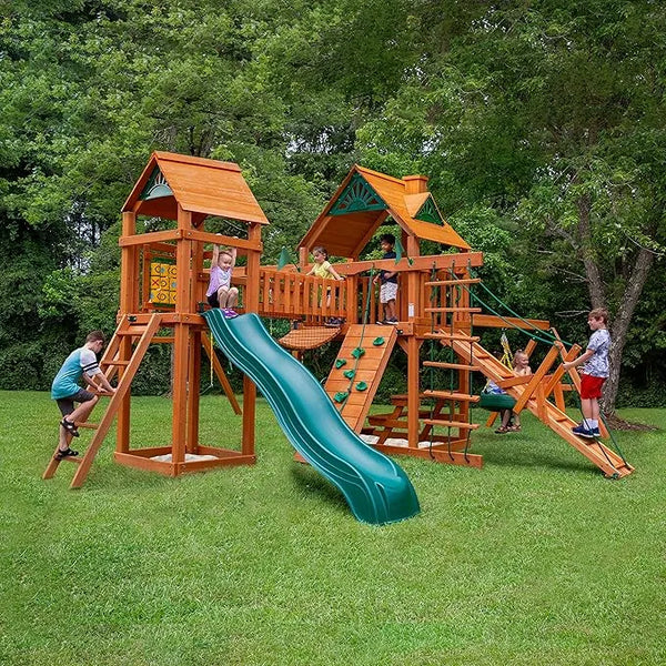 Gorilla Playsets Pioneer Peak Treehouse Wooden Swing Set with Clatter Bridge & Tire Swing