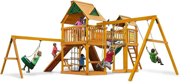 Gorilla Playsets Pioneer Peak Treehouse Wooden Swing Set with Clatter Bridge & Tire Swing