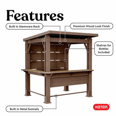 Keter Signature Collection 7.5 x 6.5 ft. Bar Gazebo with Shelves and TV Mount, Pine Brown