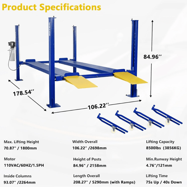 WEIZE PLA-1030 4-Post Car Lift 3855.5kg