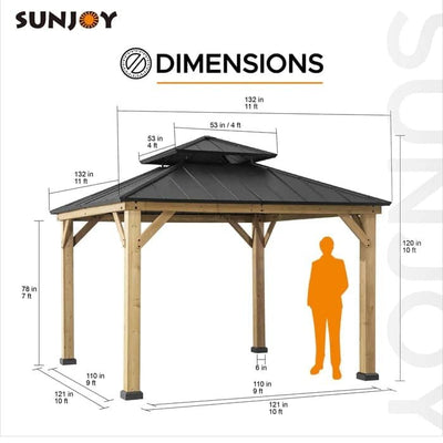 Sunjoy Outdoor Patio Black 2-Tier Wooden Frame Backyard Hardtop Gazebo with Ceiling Hook