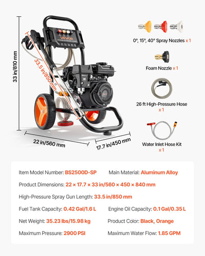 Vevor Gas Pressure Washer 2900 PSI 1.85 GPM with Spray Gun 4 Nozzle Set New