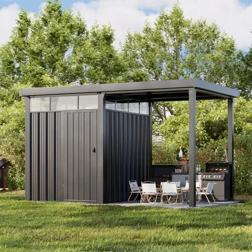 6×8 Metal Storage Shed with 7×8 Pergola Covered Porch
