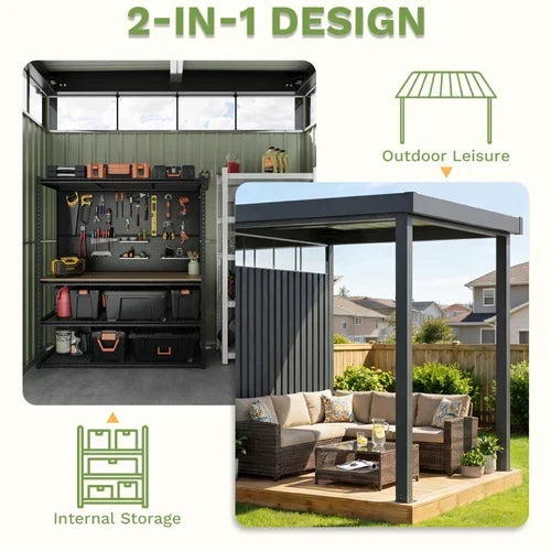6×8 Metal Storage Shed with 7×8 Pergola Covered Porch