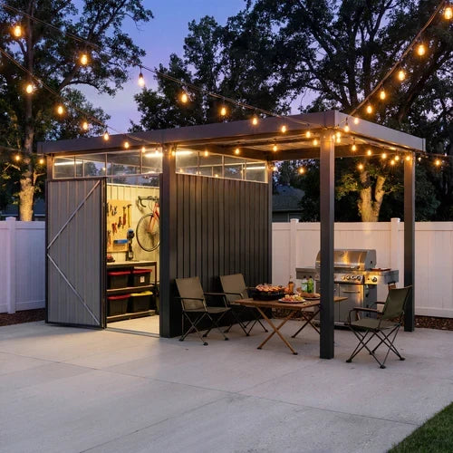 6×8 Metal Storage Shed with 7×8 Pergola Covered Porch