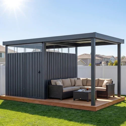 6×8 Metal Storage Shed with 7×8 Pergola Covered Porch
