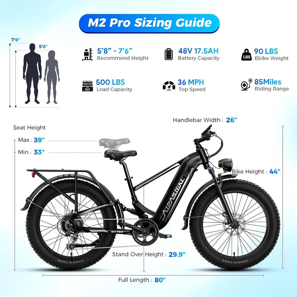 Aipas M2 Pro Electric Fat Tire Mountain Bike, 1800W Motor, 48V/17.5Ah, 36 MPH