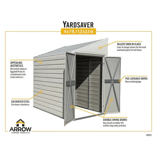 Arrow Yardsaver 4 x 7 ft. Galvanized Steel Lean-To Outdoor Storage Shed, Eggshell