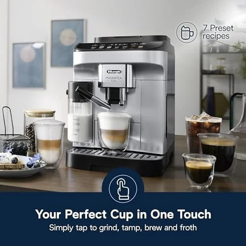 De’Longhi Magnifica Evo Automatic Espresso & Coffee Machine with Auto Milk Frother, Built-in Grinder & Auto-Clean Function – For Latte, Cappuccinos, Americano, Iced Coffee, ECAM29084SB , Silver