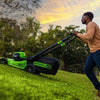 Greenworks 80V 21” Lawn Mower, 13” String Trimmer, and 730 Leaf Blowers.