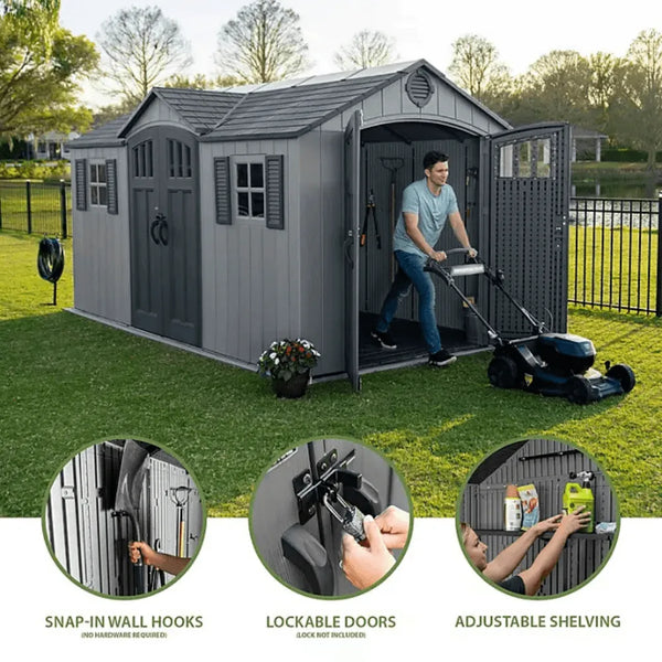 Lifetime 15 ft. x 8 ft. Dual Entry Outdoor Storage Shed, Gray