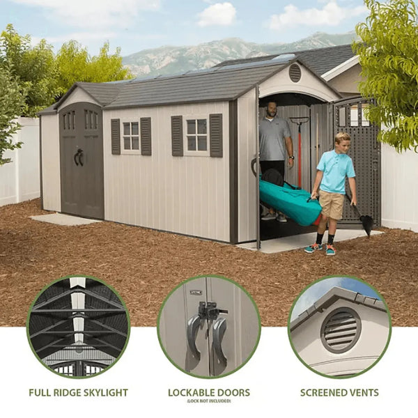 Lifetime 8 x 17.5 ft. Dual Entry Outdoor Storage Shed, Tan (Model 60213)