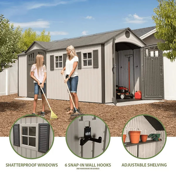Lifetime 8 x 17.5 ft. Dual Entry Outdoor Storage Shed, Tan (Model 60213)