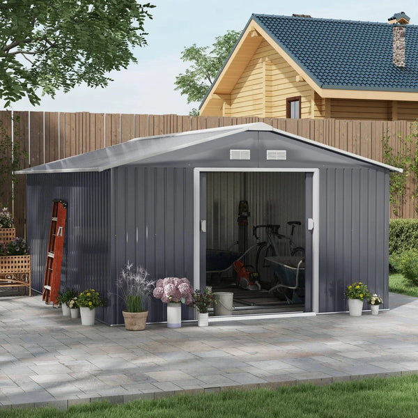Outsunny Outdoor Storage Shed Dark Gray 11’×13′ Galvanized Steel