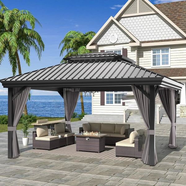 Patioslife Hardtop Pergola Gazebo Grey 10 ft×12 ft Aluminum Frame Galvanized Steel Roof