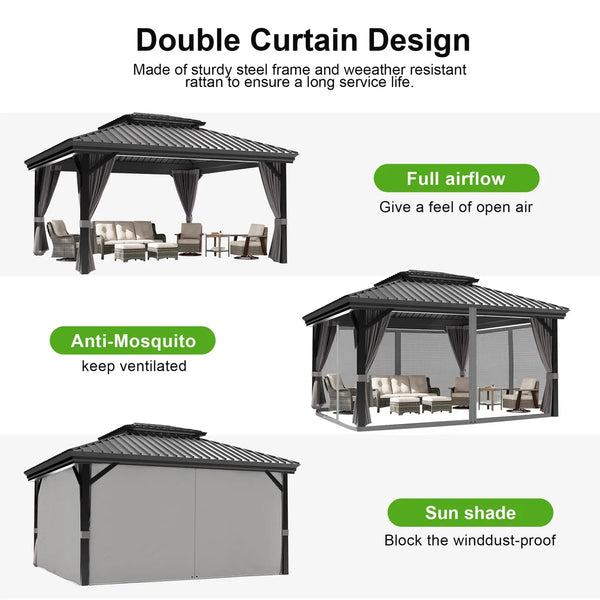 Patioslife Hardtop Pergola Gazebo Grey 10 ft×12 ft Aluminum Frame Galvanized Steel Roof