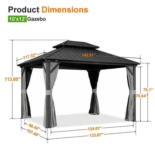 Patioslife Hardtop Pergola Gazebo Grey 10 ft×12 ft Aluminum Frame Galvanized Steel Roof