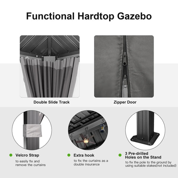 Patioslife Hardtop Pergola Gazebo Grey 10 ft×12 ft Aluminum Frame Galvanized Steel Roof